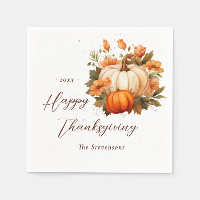 Thanksgiving Dinner Pumpkin Floral Script Rustic Napkin (Front)