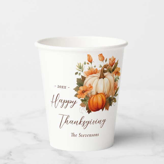 Thanksgiving Dinner Pumpkin Floral Script White Paper Cups (Front)