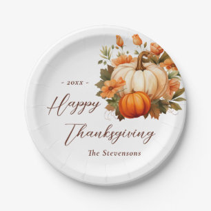 Thanksgiving Dinner Pumpkin Floral Script White Paper Plate