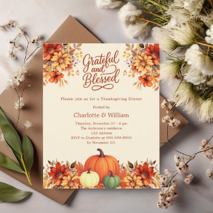 Thanksgiving dinner pumpkin flowers invitation