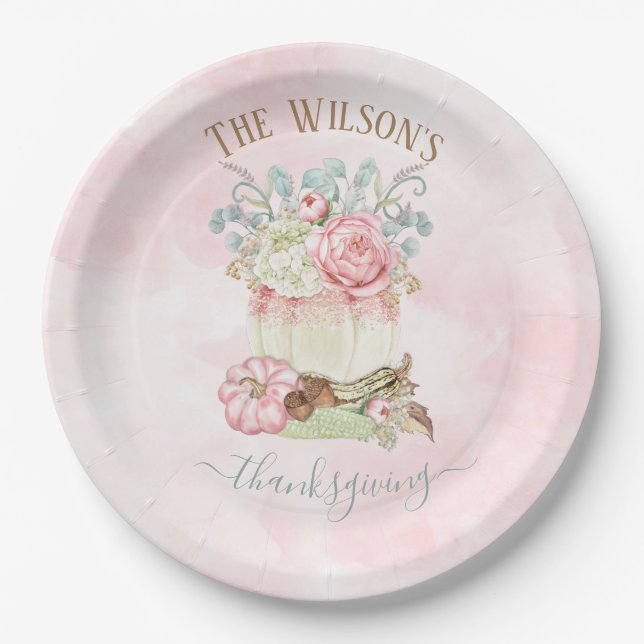 Thanksgiving Dinner Pumpkin Pink Green Paper Plate (Front)