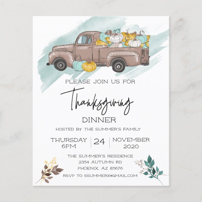 Thanksgiving Dinner Pumpkin Truck Watercolor Invit Flyer (Front)