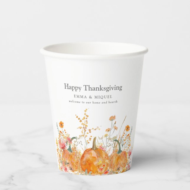 Thanksgiving Dinner Pumpkin Wildflower Modern Paper Cups (Front)