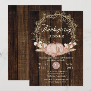 Thanksgiving Dinner Rustic Pumpkin Pampas Wreath   Invitation