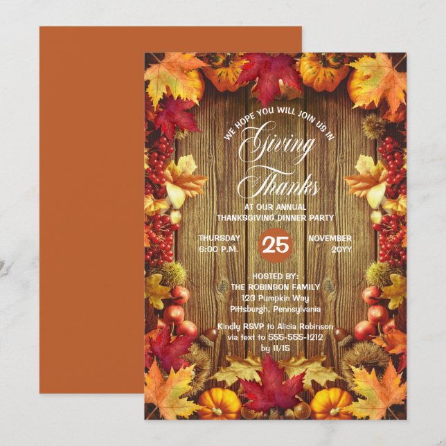 Thanksgiving Dinner - Rustic Woodsy Giving Thanks  Invitation (Front/Back)