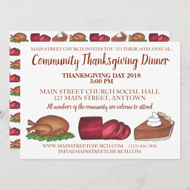 Thanksgiving Dinner Turkey Cranberry Pumpkin Pie Invitation (Front/Back)