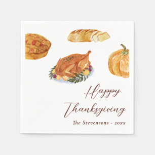Thanksgiving Dinner Turkey & Pie Watercolor Rustic Napkin