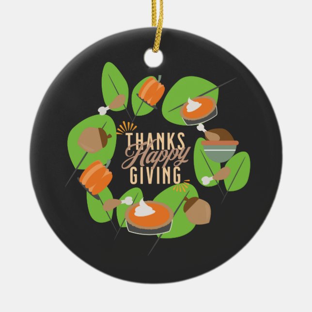 Thanksgiving Dinner Turkey Pumpkin Fall Greenery  Ceramic Ornament (Front)