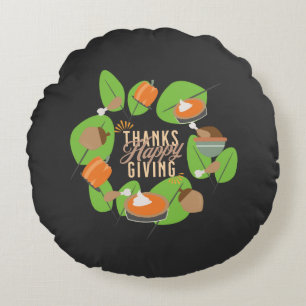 Thanksgiving Dinner Turkey Pumpkin Fall Greenery  Round Pillow