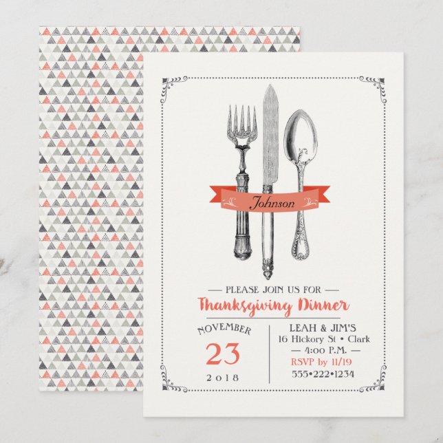 Thanksgiving Dinner Utensils Peach Grey Invitation (Front/Back)