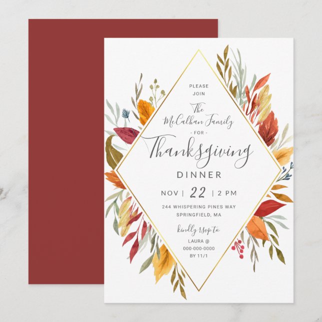 Thanksgiving Dinner Watercolor Autumn Foliage Invitation (Front/Back)