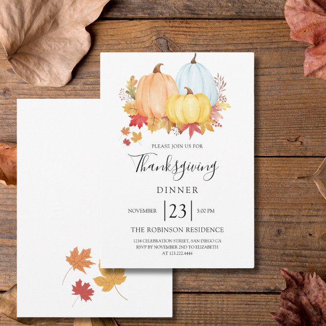 Thanksgiving Dinner Watercolor Pumpkin Modern Invitation (Creator Uploaded)