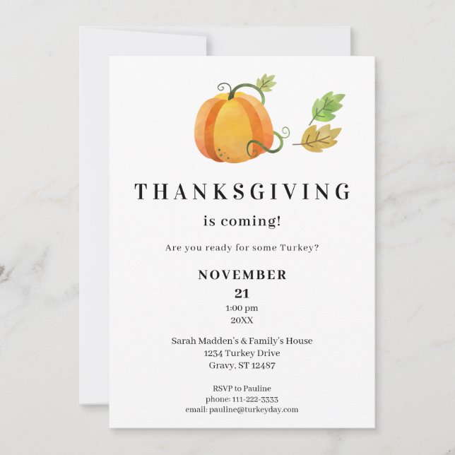 Thanksgiving Dinner Watercolor Pumpkin- White Invitation (Front)