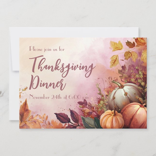 Thanksgiving Dinner Watercolor Pumpkins Invitation (Front)