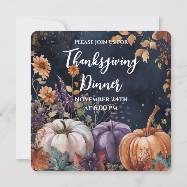 Thanksgiving Dinner Watercolor Pumpkins Invitation (Front)