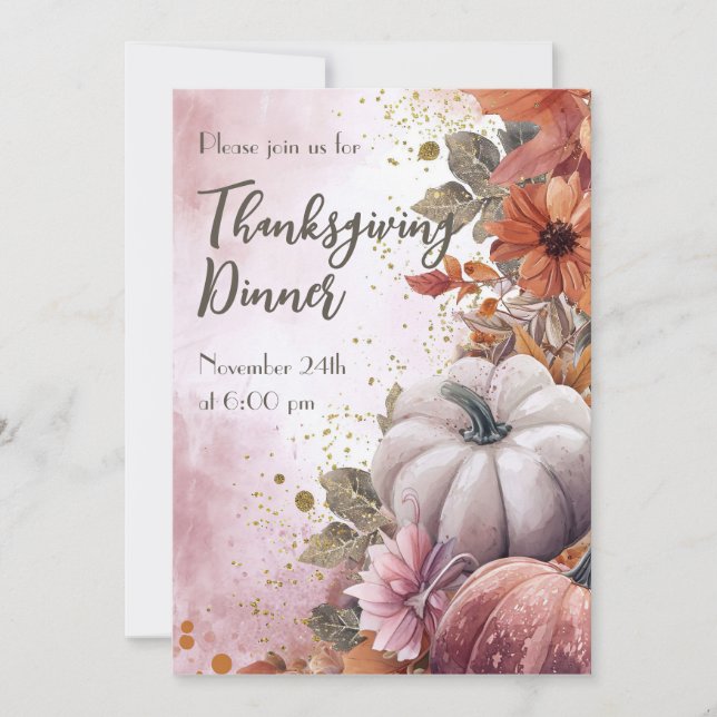 Thanksgiving Dinner Watercolor Pumpkins Invitation (Front)