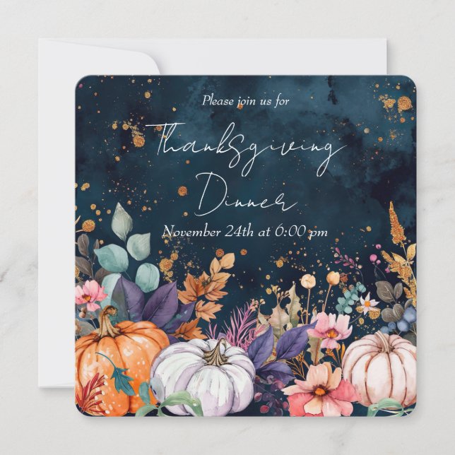 Thanksgiving Dinner Watercolor Pumpkins Invitation (Front)