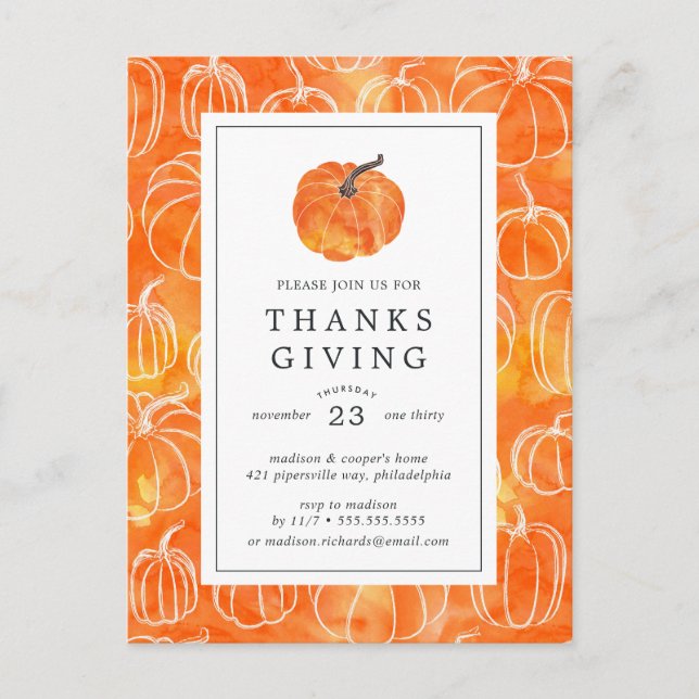 Thanksgiving Dinner | Watercolor Pumpkins Postcard (Front)