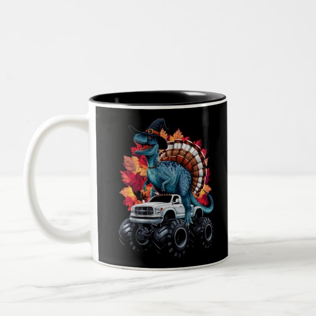 Thanksgiving Dinosaur T-Rex Monster Truck Two-Tone Coffee Mug (Left)