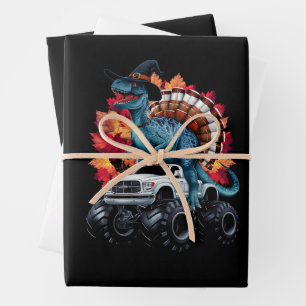 Thanksgiving Dinosaur T-Rex Monster Truck Wrapping Paper Sheet