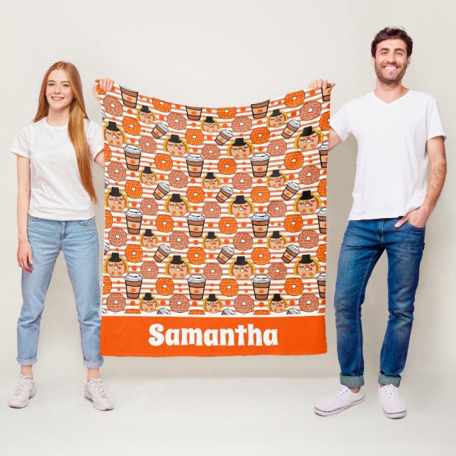 Thanksgiving Doughnuts and Coffee Fall Orange Stri Fleece Blanket (In Situ)