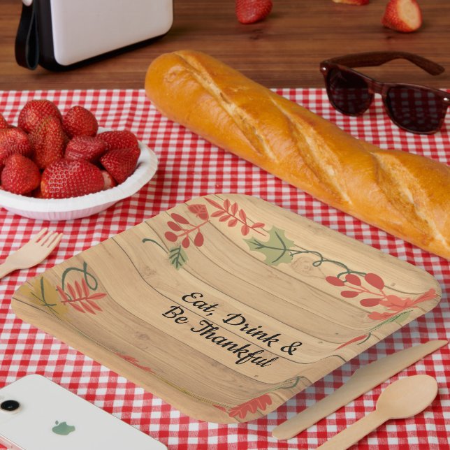 Thanksgiving Eat Drink & Be Merry Light Brown Wood Paper Plate (Picnic)
