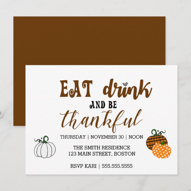 Thanksgiving Eat Drink Et Carte De Soirée De Remer (Devant / Derrière)