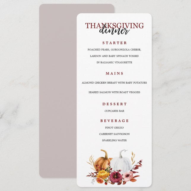 Thanksgiving Elegant Dinner Party menu (Front/Back)