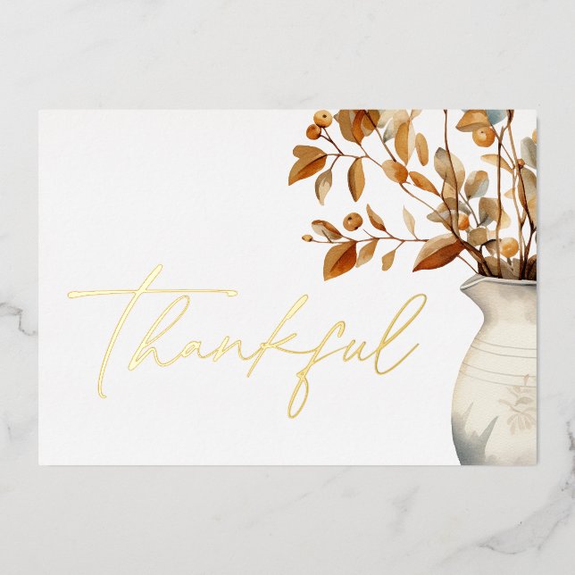 Thanksgiving Elegant Modern Thankful Foil Holiday Card (Front)