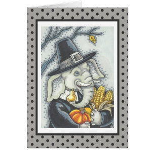 THANKSGIVING ELEPHANT, PILGRIM GREETING CARD Verse