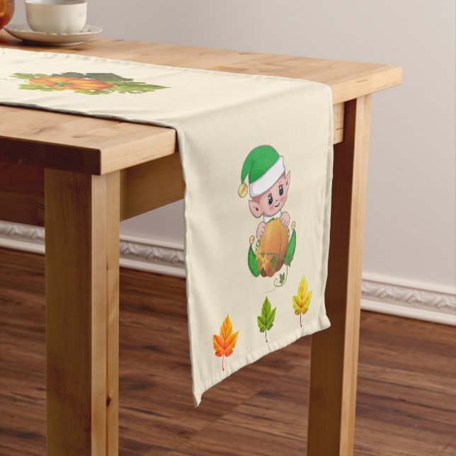 Thanksgiving Elf and Fall Leaves on Beige Short Table Runner (In Situ)