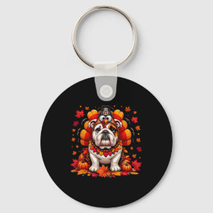 Thanksgiving English Bulldog Fall Leaves Autumn Ma Keychain