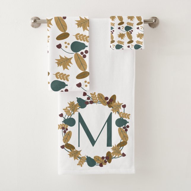 Thanksgiving Fall Autumn Greenery Pear Wreath Name Bath Towel Set (Insitu)
