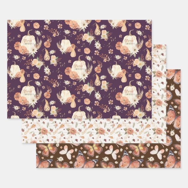 Thanksgiving Fall Butterfly BOHO Floral Autumn Wrapping Paper Sheet (Set)