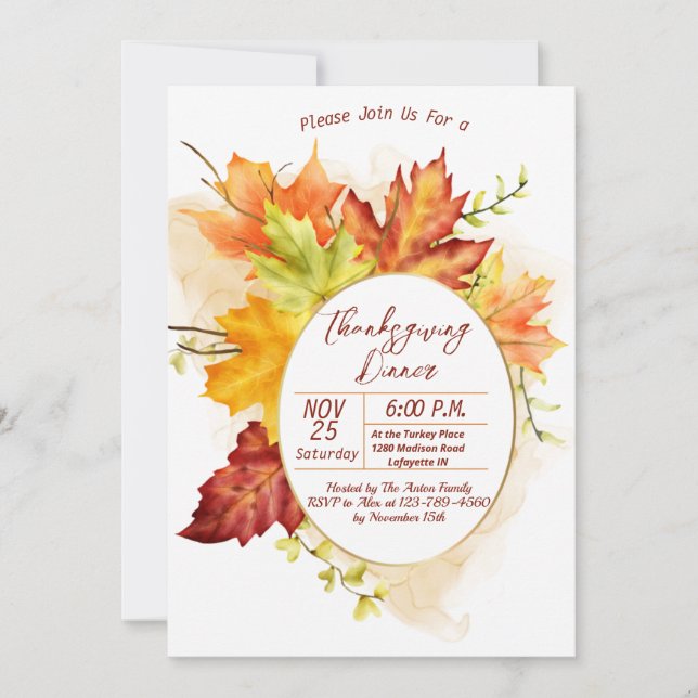 Thanksgiving Fall Feuilles Dîner Invitation (Devant)