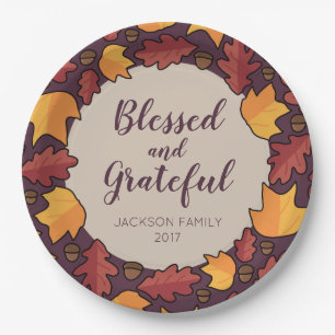 Thanksgiving Fall Leaves Blessed Grateful Paper Plate