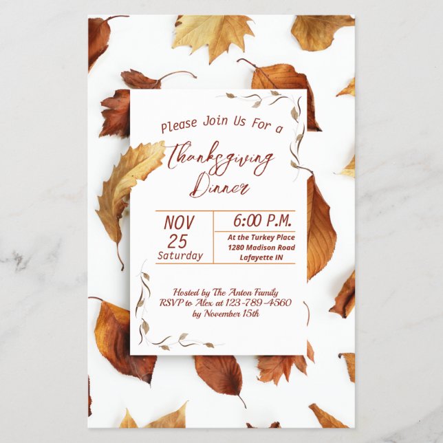 Thanksgiving Fall Leaves Dinner Invitation Flyer (Front)