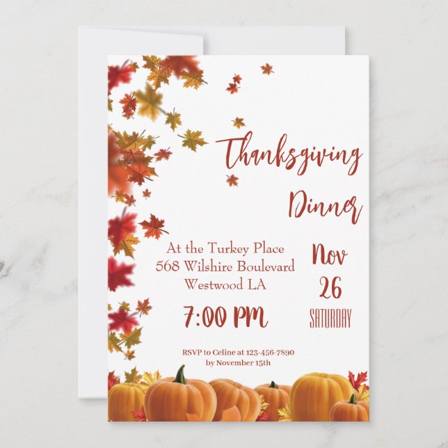 Thanksgiving Fall Leaves Pumpkin Dinner Invitation (Devant)