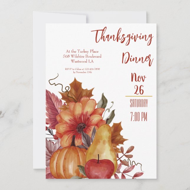 Thanksgiving Fall Leaves Pumpkin Dinner Invitation (Front)