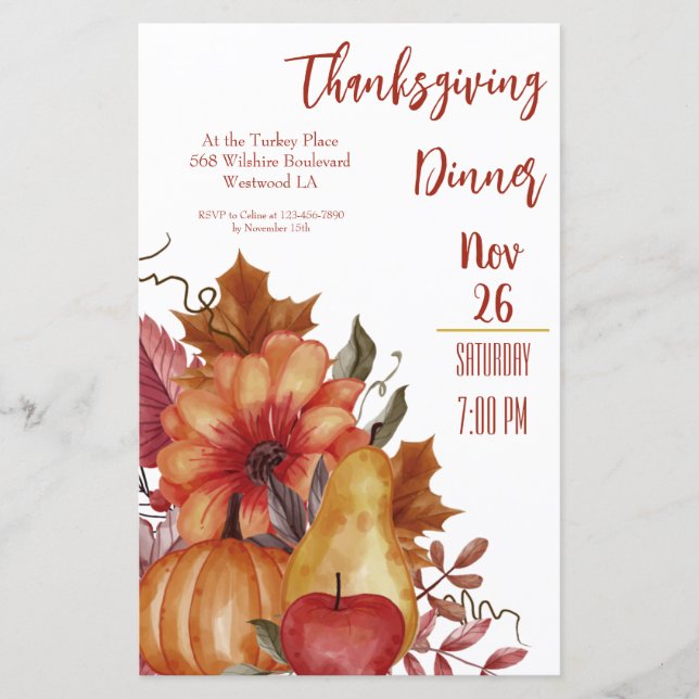 Thanksgiving Fall Leaves Pumpkin Dinner Invitation (Front)