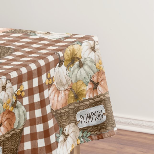 Thanksgiving Fall Pumpkins Brown gingham Tablecloth (In Situ)