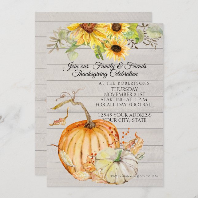Thanksgiving Fall Sunflower Leaf n Wood Pumpkins Invitation (Front/Back)