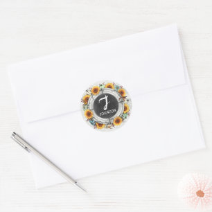 Thanksgiving Fall Sunflowers Pumpkins Monogram Classic Round Sticker