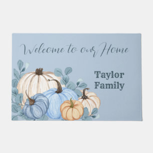 Thanksgiving Fall Watercolor Blue Pumpkin Patch Doormat