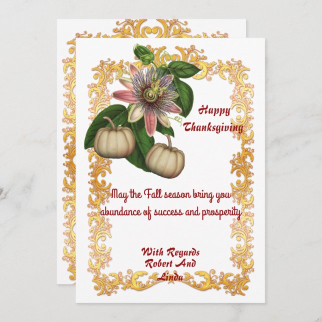 Thanksgiving Fall White Pumpkins Gold Frame Card (Front/Back)