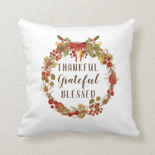 Thanksgiving Fall Wreath Thankful Grateful Blessed Throw Pillow