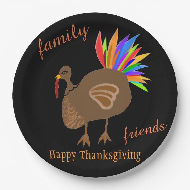 Thanksgiving Family Friends Turkey Feathers Paper Plate (Front)