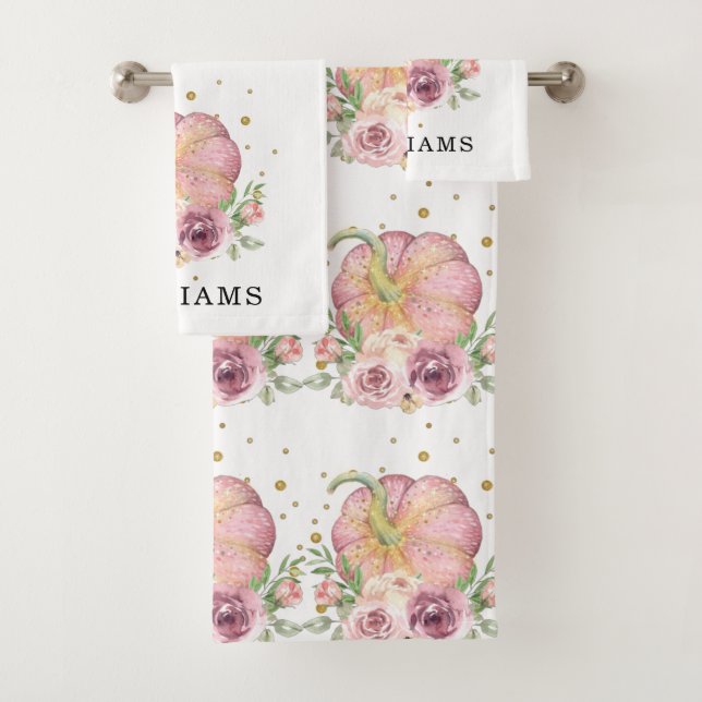 Thanksgiving Family Name Pumpkin Pink Bath Towel Set (Insitu)
