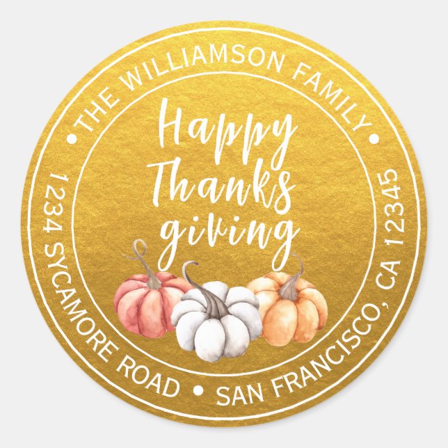 Thanksgiving Family Name Return Address Gold Classic Round Sticker (Front)
