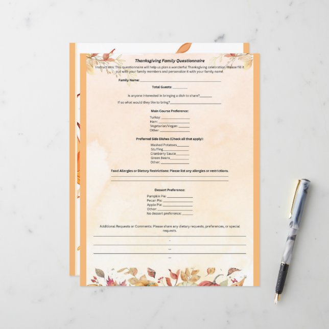 Thanksgiving Family Questionnaire  (Front/Back In Situ)